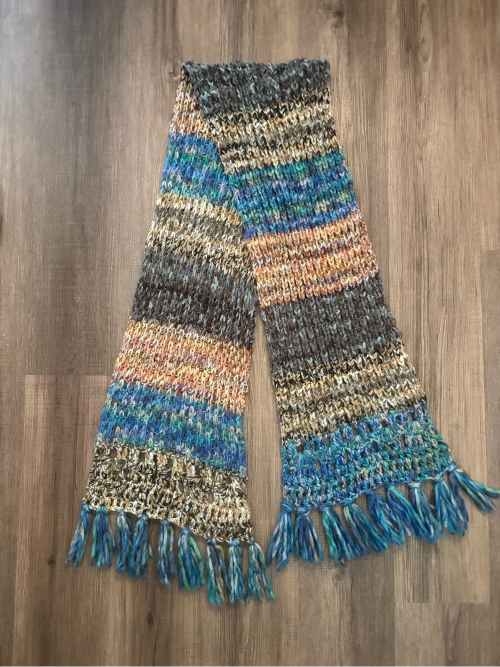 Free People Multicolor Chunky Knit Fringe Scarf - Blue/Tan